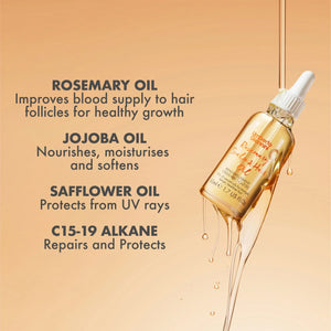 Rosemary Scalp & Hair Oil bottle with dropper dripping oil, highlighting benefits of rosemary, jojoba, safflower oils and C15-19 alkane