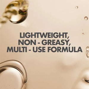 Close-up of translucent liquid droplets with text highlighting a lightweight, non-greasy, multi-use formula