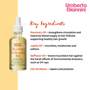 Umberto Giannini Rosemary Scalp & Hair Oil bottle with key ingredients and benefits listed on white and yellow background