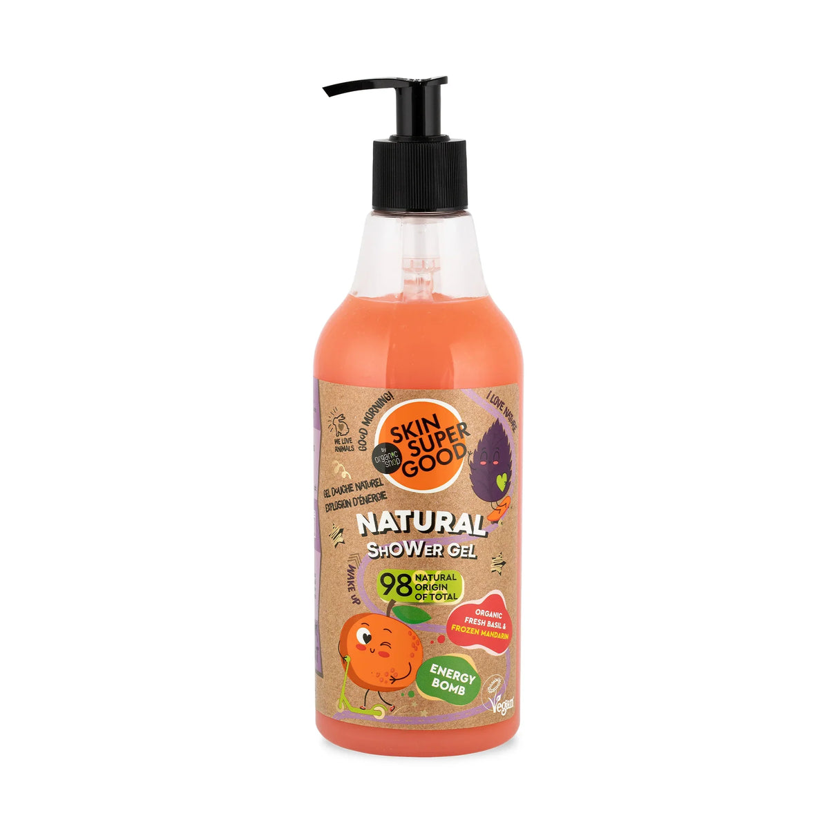 Skin Super Good Natural Shower Gel in a clear pump bottle with orange-colored liquid.