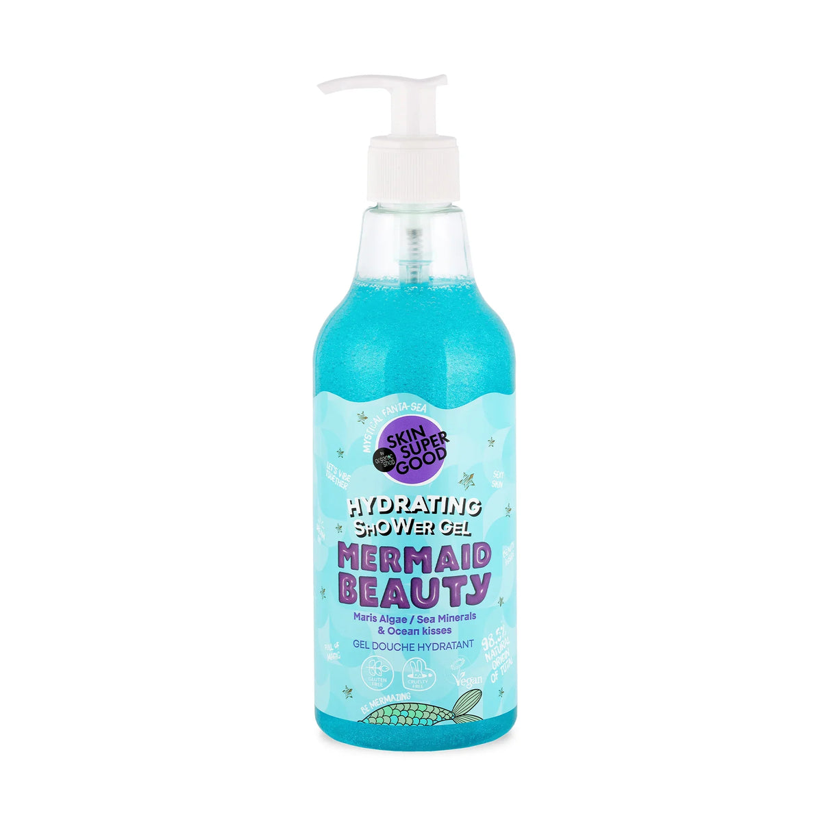 Skin Super Good Hydrating Mermaid Beauty Shower Gel in a blue pump bottle