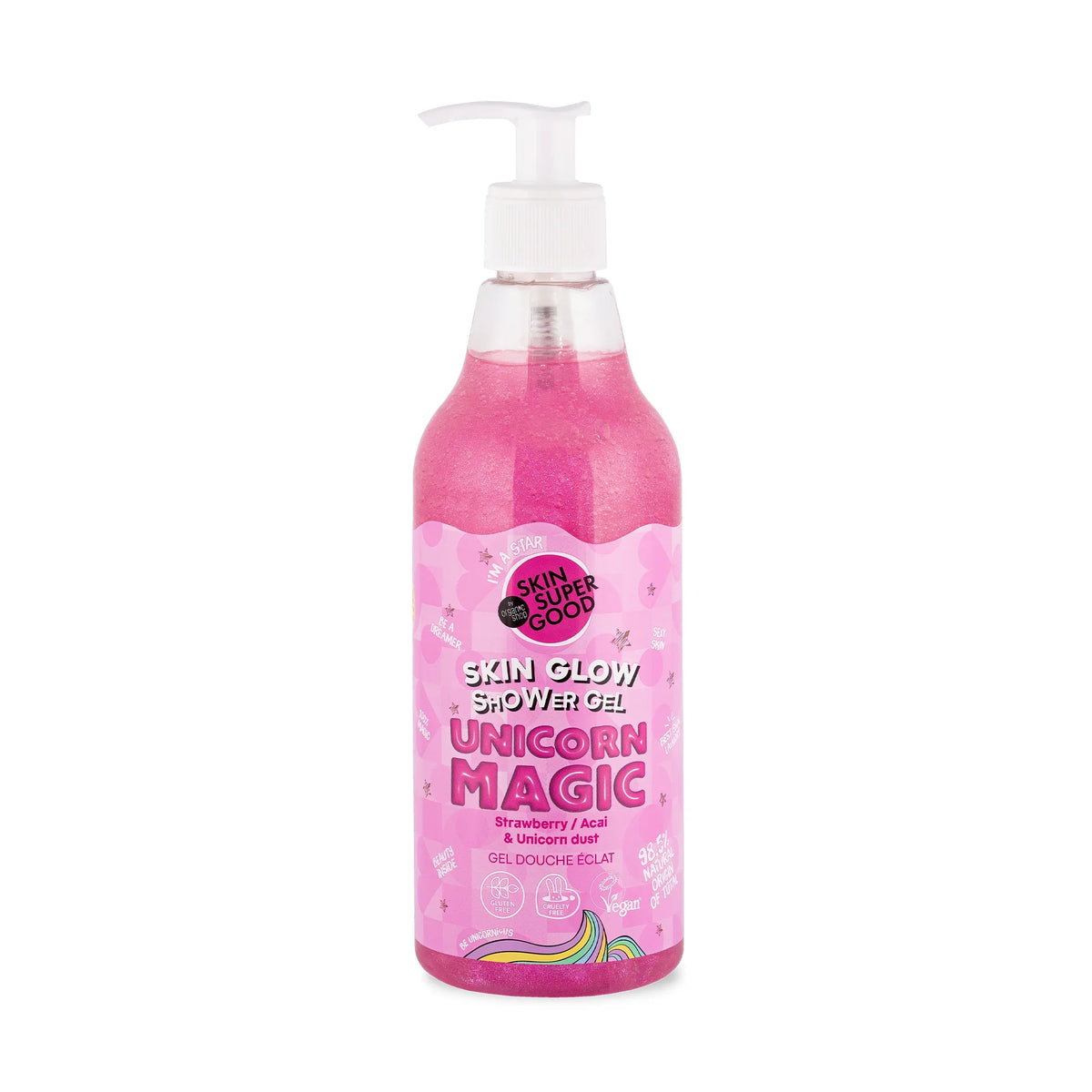 Pink Unicorn Magic Skin Glow Shower Gel with pump dispenser, Strawberry Acai scent