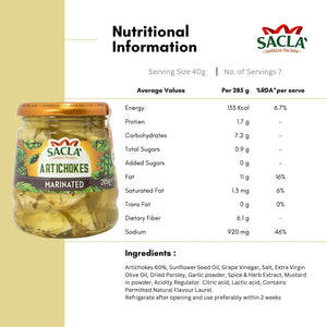 Sacla marinated artichokes jar with nutritional information and ingredients list on white background