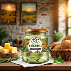 Jar of Sacla marinated artichokes on a table with bread rolls, cheese cubes, rosemary, and basil in rustic kitchen
