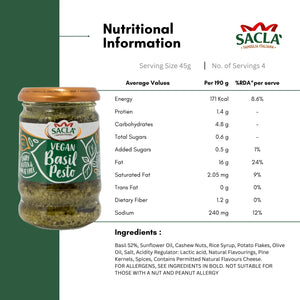 Sacla vegan basil pesto jar with nutrition facts and ingredients including basil and cashew nuts