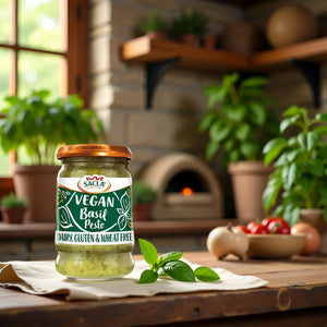 Jar of Sacla vegan basil pesto on kitchen table with fresh basil and vegetables in rustic setting