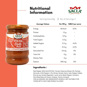 Sacla Vegan Chilli Pesto jar with nutritional information and ingredient list on a white and orange background