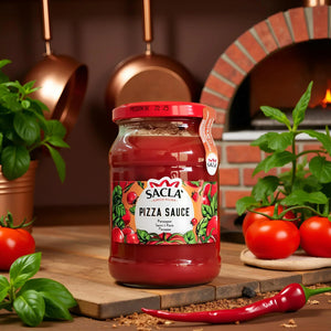 Jar of Sacla pizza sauce on wooden board with fresh tomatoes, basil, chili, copper pans, and brick pizza oven