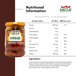 Sacla Sun-Dried Tomato Tapenade jar with nutritional information and ingredients list