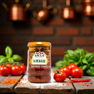 Jar of Sacla sun-dried tomato tapenade on wooden table with fresh tomatoes, chili pepper, and basil