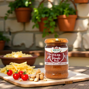 Jar of Sacla vegan tomato pesto on wooden board with cherry tomatoes, nuts, and shredded cheese