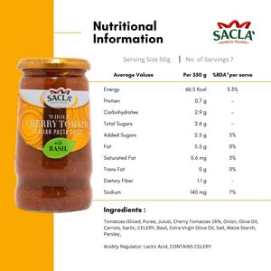 Nutritional information for a jar of Sacla whole cherry tomato Italian pasta sauce on a white background.