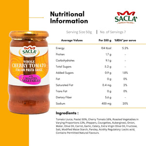 Sacla Whole Cherry Tomato Italian Pasta Sauce with Roasted Vegetables, nutritional info and ingredients listed