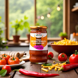 Sacla Whole Cherry Tomato Italian Pasta Sauce with roasted vegetables, fresh tomatoes, and pasta on rustic table