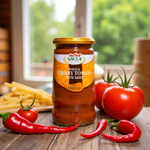 Jar of Sacla whole cherry tomato pasta sauce with chili surrounded by fresh tomatoes, chili peppers, and pasta