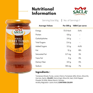 Sacla Whole Cherry Tomato pasta sauce with chilli jar and nutritional information label