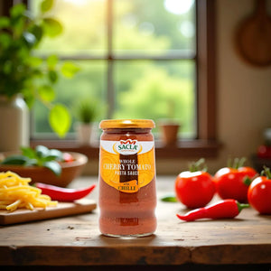 Jar of Sacla whole cherry tomato pasta sauce with chili, fresh tomatoes, chili, and pasta on wooden table