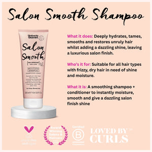 Umberto Giannini Salon Smooth Smoothing Shampoo tube on a pedestal with product benefits and suitability for frizzy, dry hair