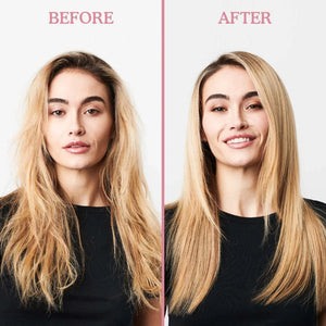 Before and after photo of a woman with frizzy hair transformed to smooth, straight blonde hair, showing hair treatment results