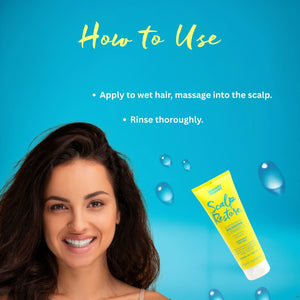 Smiling woman with dark hair next to Umberto Giannini Scalp Restore shampoo on blue background, usage instructions