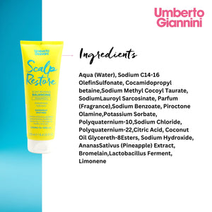 Umberto Giannini Scalp Restore Balancing Shampoo tube with ingredients list on blue and white background