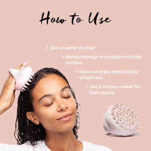 Woman using pink scalp massager on wet hair with instructions for use on pink background