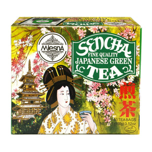 Sencha Japanese green tea box with geisha illustration, cherry blossoms, and pagoda