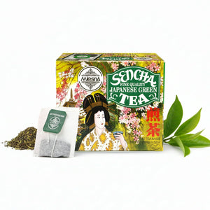Sencha Japanese green tea box with geisha art, tea bag, loose leaves, and fresh tea leaves
