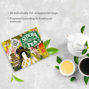 Sencha Japanese green tea box with teapot, green tea leaves, and two cups on a gray surface