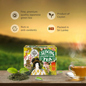 Box of Sencha Japanese green tea with tea leaves, cup of tea, and product features on background.