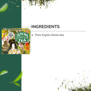Sencha Japanese green tea box with pure Ceylon green tea leaves and ingredients list
