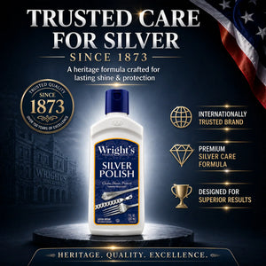Wright's Silver Polish bottle, premium silver care formula since 1873, trusted for shine & protection