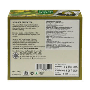 Back of Soursop Green Tea 100g box with product details, ingredients, and instructions