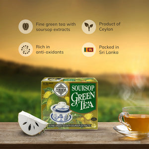 Soursop green tea box, soursop fruit slice, and tea cup on wooden table, with text highlights