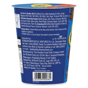 Blue Dragon Schezwan Noodles cup back view showing ingredients, allergen info, and import details for Sunbeam Mercantile Ventures