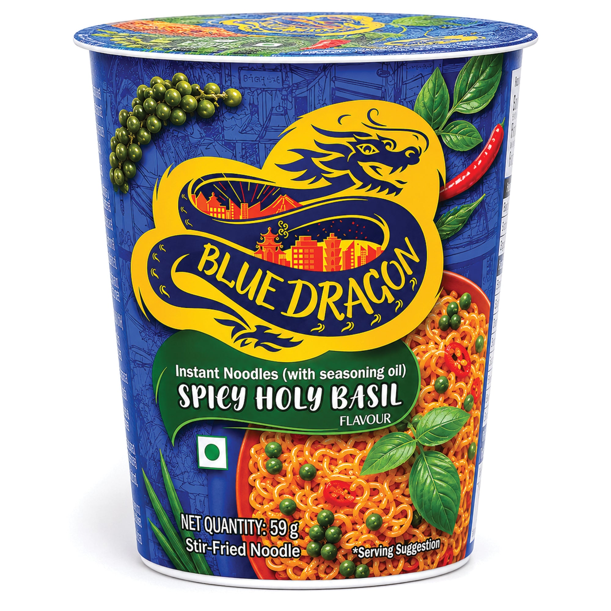 Blue Dragon Spicy Holy Basil instant noodles packaging on a white background