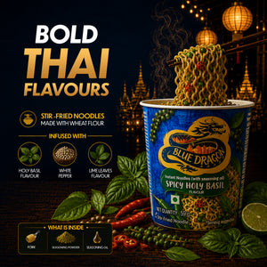 Blue Dragon Spicy Holy Basil instant noodles with ingredients and text on a dark background