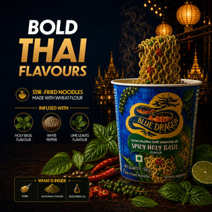 Blue Dragon Spicy Holy Basil instant noodles with ingredients and text on a dark background