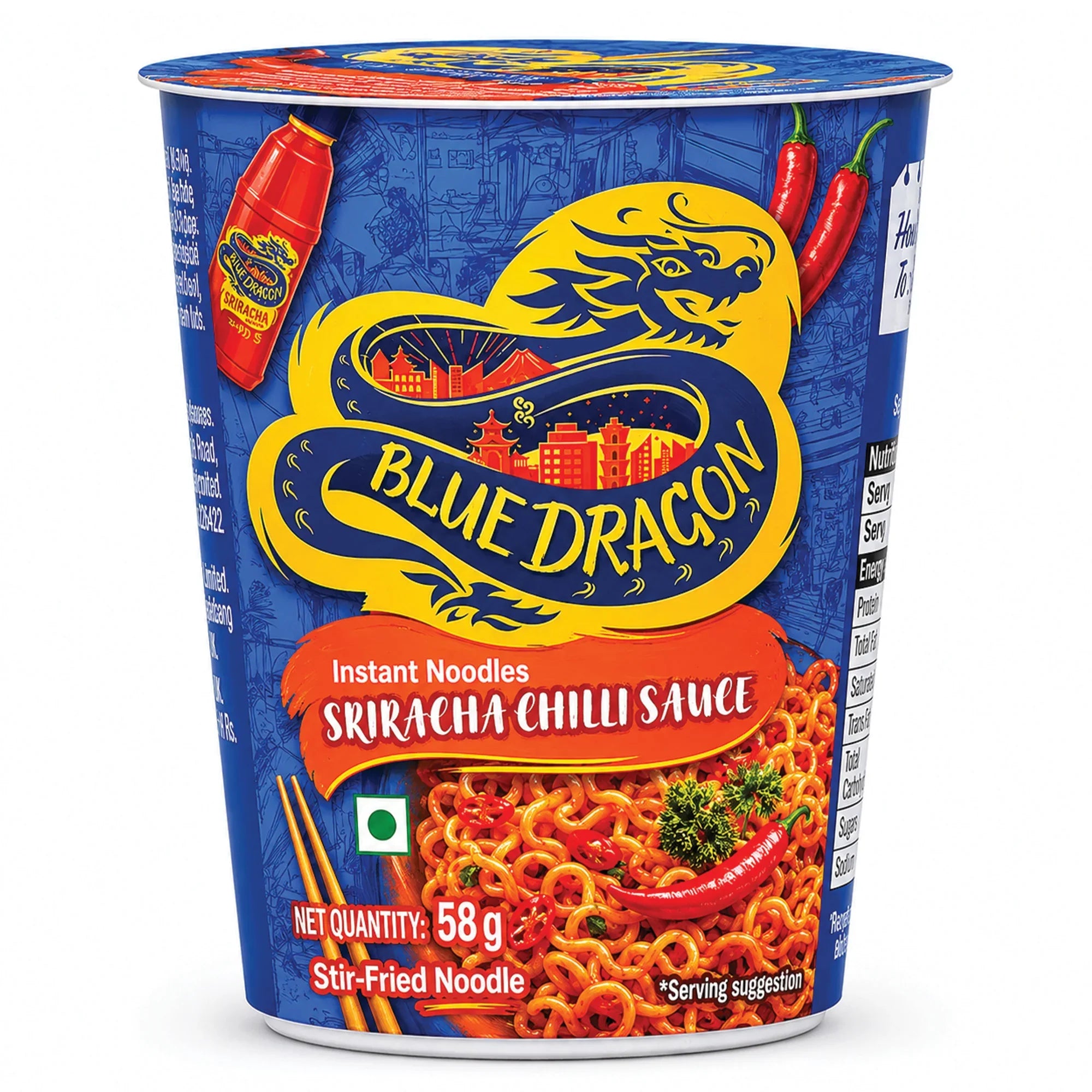 Blue Dragon Sriracha Chili Sauce Instant Noodles cup with stir-fried noodles, red chilies, and chopsticks