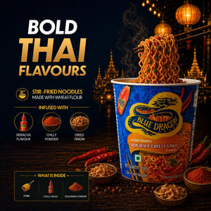 Blue Dragon Sriracha Chilli Sauce Instant Noodles with bold Thai flavours, stir-fried wheat noodles, chili powder & dried onion