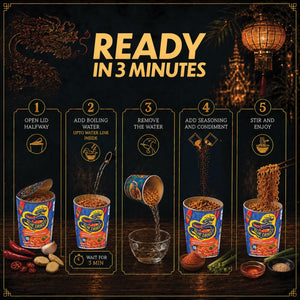 Blue Dragon Sriracha Chili Sauce instant noodles preparation steps, ready in 3 minutes with Asian lantern backdrop
