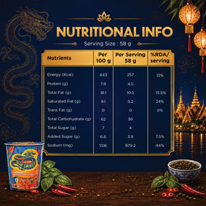 Nutritional information chart for a product with decorative elements and a night scene in the background.