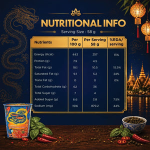 Blue Dragon Sriracha Chili Sauce instant noodles nutritional info, featuring energy, protein, carbs, sodium per serving, with chili peppers and basil on wooden table