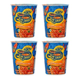 Four Blue Dragon Sriracha Chilli Sauce instant noodle cups, 58g each, with chili and sauce bottle images