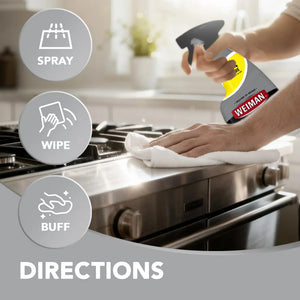 Spray, wipe, and buff stainless steel stove with Weiman cleaner for a shiny finish