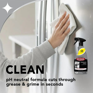 Hand cleaning stainless steel with Weiman cleaner, pH neutral formula removes grease fast