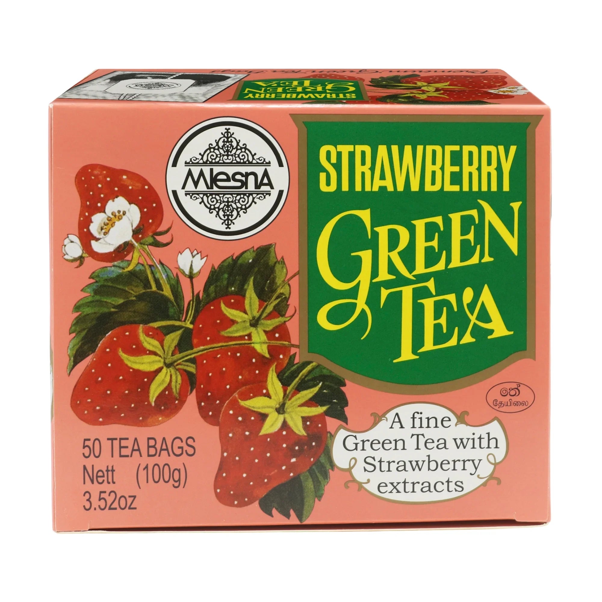 Box of strawberry green tea with strawberries and floral design, 50 tea bags, 100g