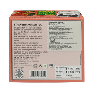 Strawberry green tea box 100g with detailed label, ingredients, and preparation instructions