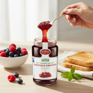 Stute No Sugar Added Berries & Cherries jam jar with toast and fresh berries on table