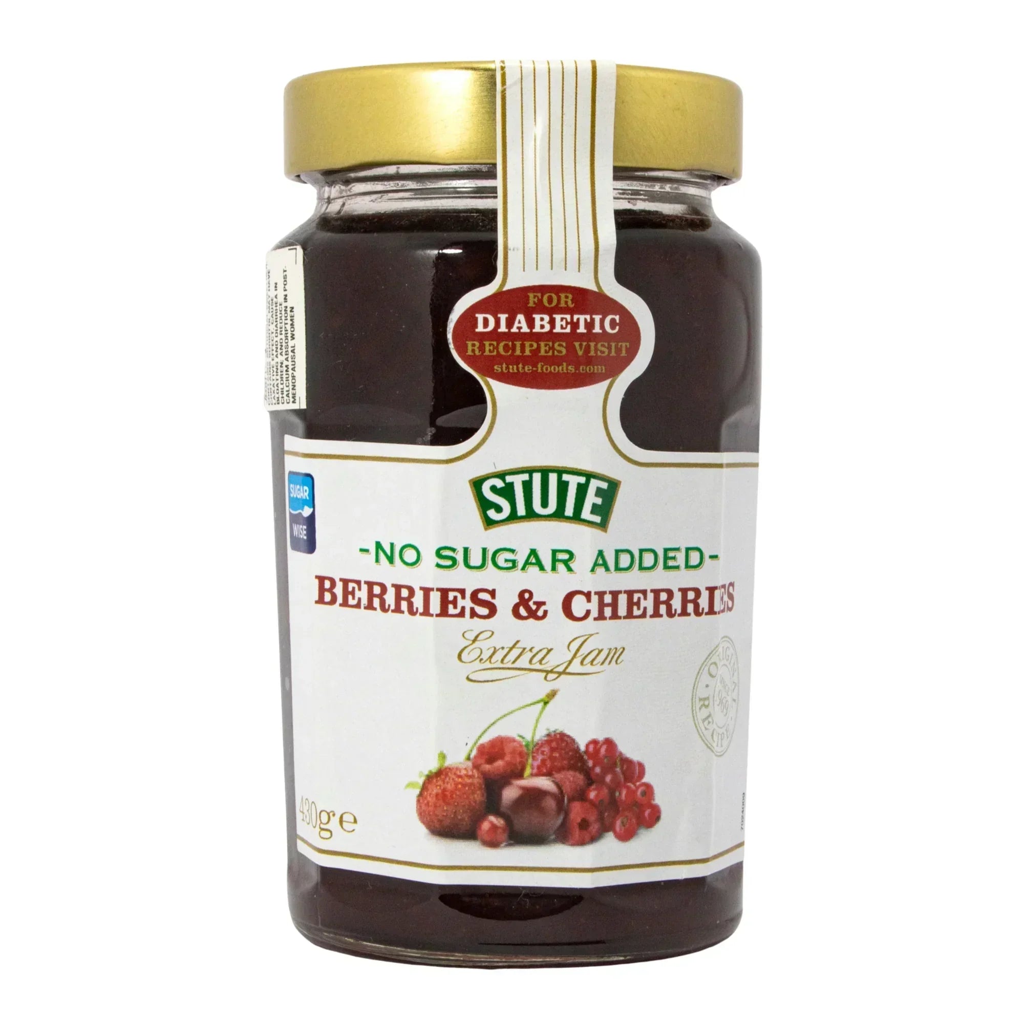 Stute no sugar added berries & cherries extra jam jar with gold lid, diabetic friendly